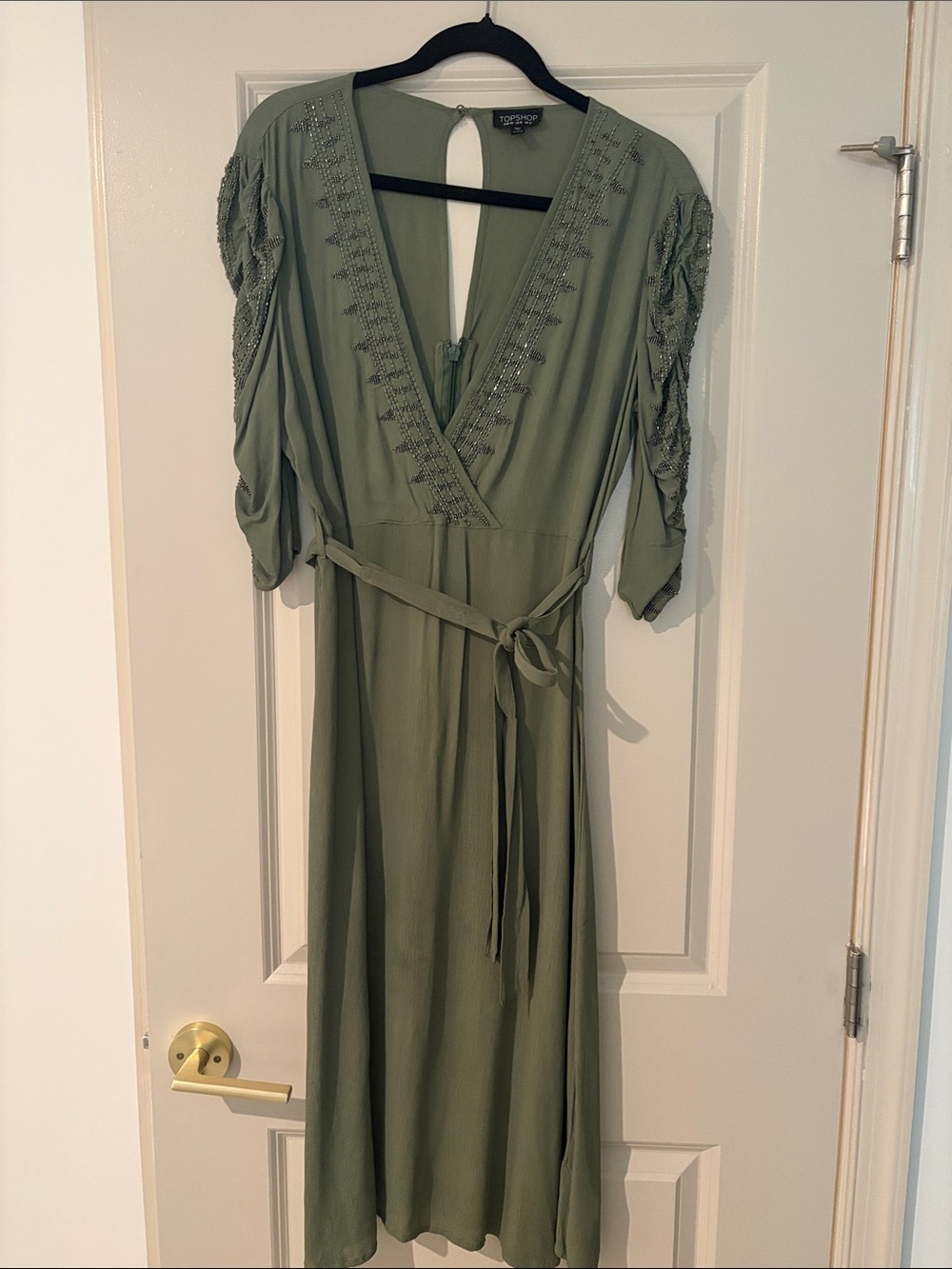 Topshop Olive Green Embroidered Wrap Midi Dress